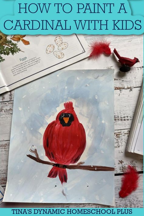 How to Paint a Cardinal Bird With Kids. This is a how to paint cardinal bird tutorial from someone who is not an artist but rather a homeschool mom who knows a few simple tricks. Also, look at my page Beautiful Winter Bird: Northern Cardinal Lapbook & Fun Unit Study. You don’t have to be an artist to create and teach your child to create simple beautiful and easily identifiable art projects. The best technique I have found is to start with simple shapes and then build on that to get details. Cardinal Art Projects For Kids, Cardinal Crafts For Kids, Red Cardinal Drawing, Cardinal Crafts, Unit Study Ideas, Cardinal Birds Art, Cardinal Art, Cardinal Painting, Homeschool Crafts