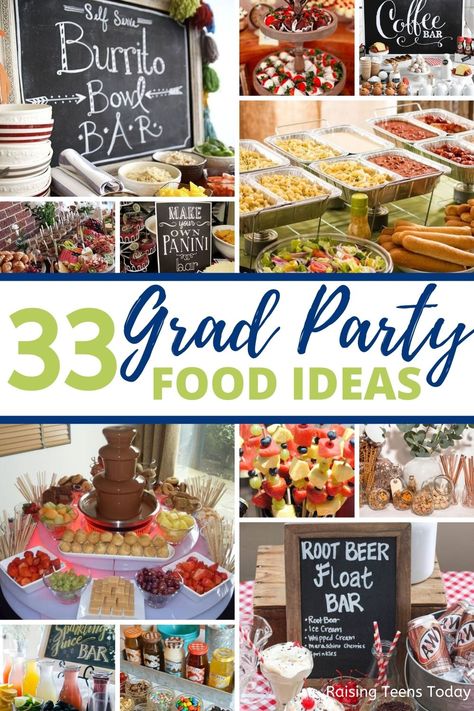 Graduation party planning season is almost here! And, we all know when it comes to planning a great grad party, it's ALL about the food! Whether you're planning a small family gathering, a party with a few friends or a larger scale grad bash, we've rounded up the absolute BEST GRAD PARTY FOOD IDEAS around! #gradpartyfoodideas #graduationpartyfoodideas #graduationpartyideas #gradpartyideas How To Keep Beverages Cold At Party, Graduation Food Bar Ideas, Foods For Graduation Parties, Coffee Bar Graduation Party, Graduation Coffee Bar Party Ideas, Food For Grad Party, College Graduation Food Ideas, Grad Party Food Ideas High Schools, Graduation Open House Food Ideas