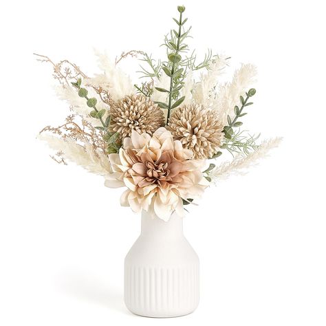 PRICES MAY VARY. Small Faux Flowers in Vase: The artificial flowers for decoration include fake dahlia, dandelion, eucalyptus plants, and a matte white ceramic vase with vertical stripe. Putting the fake flower bouquet in the vase will create a poetic atmosphere, suitable for table centerpieces, coffee table decor, farmhouse decor, living room decorations. Material: The artificial flower bouquet is made of high quality plastic and wrapped by hand. You will get a complete bouquet, but you can dis Silk Flower Arrangements For Home, Centerpieces Coffee Table, Flower Arrangements For Home, Wedding Brown, Farmhouse Table Centerpieces, Fake Flower Bouquet, Spring Table Decor, Table Decor Living Room, Floral Arrangements Diy