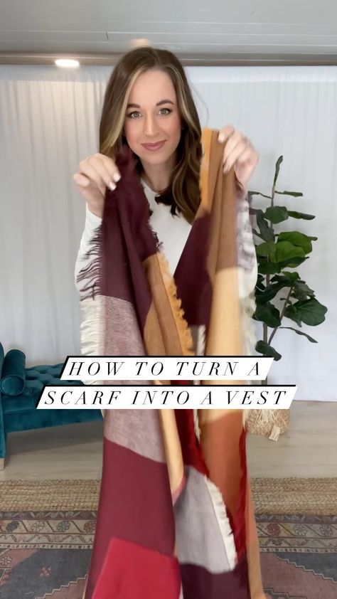 Tie Scarf Into Vest, Turn A Scarf Into A Vest, Scarf To Vest Diy, How To Tie A Scarf Into A Vest, Scarf Vest Outfit, How To Make A Vest Out Of A Scarf, Ways To Wear Square Scarf, Wearing A Vest Women, Scarf Vest How To Tie A