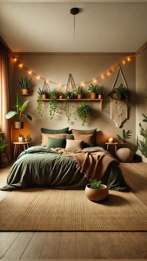 Transform your bedroom into a cozy boho-chic oasis with this warm, earthy design. Featuring a bed adorned with dark green bedding and matching pillows, this room is both inviting and stylish. A wooden shelf above the bed holds draping potted plants, complemented by soft string lights that add a warm, ambient glow. The space is decorated with a macrame wall hanging, a round wooden bedside table with a potted plant, and a lit candle, all set against a light-colored wall. A textured, woven rug completes the look, making this bedroom the perfect retreat for relaxation and comfort. Discover how to create your own serene and nature-inspired bedroom refresh! Earthy Bedroom With Plants, Light And Dark Green Walls, Green Color Room Ideas Bedroom, Bed With Plants Above, Cozy Boho Interior, Hanging Plant Above Bed, Head Of Bed Decor, Earthy Shelf Decor, Relaxing Earthy Bedroom