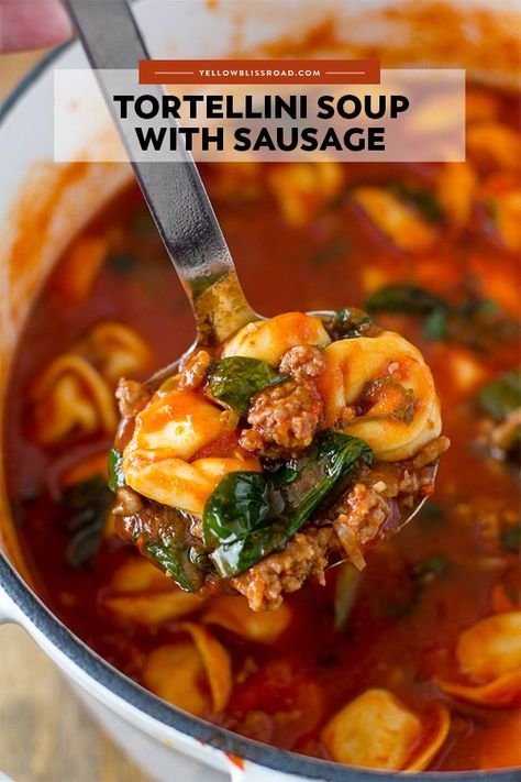 Tortellini Soup With Sausage, Tortellini Soup With Italian Sausage, Italian Sausage Spinach, Slow Cooker Tortellini Soup, Soup With Italian Sausage, Cold Weather Soup, Soup With Sausage, Sausage And Spinach, Spinach Tortellini Soup