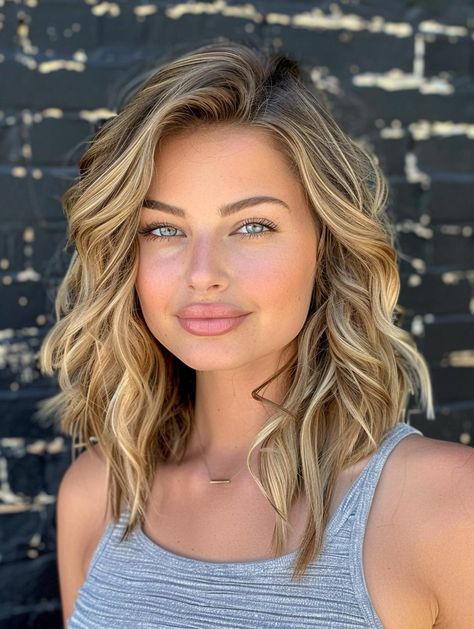 Explore Top Medium Wavy Hairstyle Ideas for a Fresh Look Beach Waves Hairstyles Medium, Beach Waves Hair For Wedding, Wave Hair Styles Medium, Wave Medium Length Hair, Wave Mid Length Hair, Mid Length Hair With Layers Curly Waves, Wavy Crimped Hair, Shoulder Length Wavy Hair With Layers, Beachy Waves Mid Length Hair