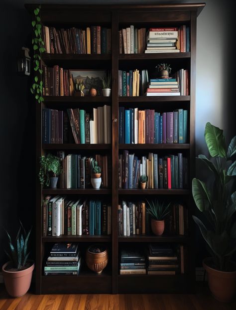 Bookshelf Dark Wood, Dark Oak Bookshelf, Dark Wooden Bookshelf, Vintage Book Shelves, Dark Brown Bookshelf, Spirituality Room, Bookshelf Dark Academia, Dark Wood Bookshelves, Dark Bookshelf