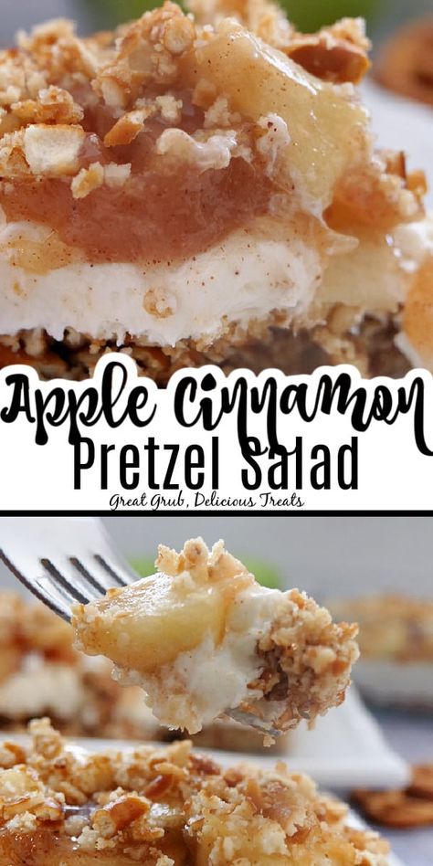 Apple Pie Pretzel Salad, Apple Strudel Pretzels, Potluck Apple Recipes, Apple Cinnamon Salad, Carmel Apple Pretzel Salad, Thanksgiving Congealed Salad Recipes, Pretzels Recipe Dessert, Caramel Apple Pretzel Salad, Pretzel Pudding Dessert