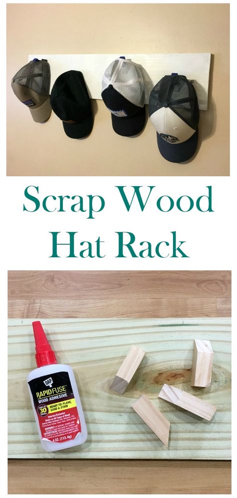 Make this easy hat rack using scrap wood! Wood Hat Rack, Baseball Hat Racks, Baseball Cap Rack, Using Scrap Wood, Diy Hat Rack, Wood Hat, Diy Rack, Cap Rack, Wood Adhesive