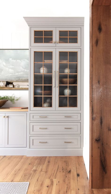 Reclaimed Materials, Cozy Textures, and all the Bells and Whistles | Rue Pantry Rug, Ramble Farmhouse, Built In China Cabinet Dining Room, Built In Kitchen Hutch, Stage Kitchen, Barndo Kitchen, Moody Bar, Kitchen Console, Kitchen Bookcase