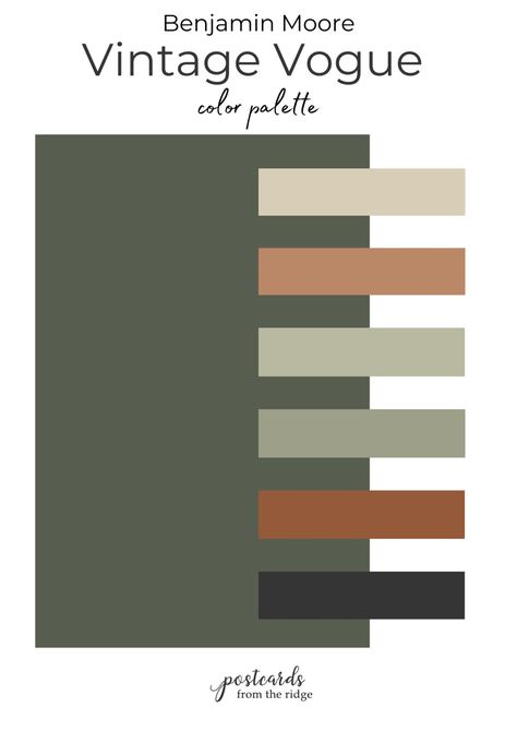 Benjamin Moore Vintage Vogue 462 Ultimate Review & Color Palette - Postcards from the Ridge Dark Green House Color Palette, Best Vintage Paint Colors, Dark House Color Palette, 1920s Interior Paint Colors, Benjamin Moore Vintage Vogue Bedrooms, Sherwin Williams Vintage Vogue, Dark Academia Benjamin Moore, Vintage Vogue Paint Benjamin Moore, Olive Green Paint Palette