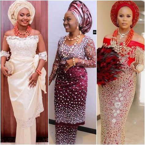 Latest Lace Blouse Styles for Wrappers (2020 Igbo Blouses) - NaijaGlamWedding Blouse Styles For Wrapper, Latest Blouse Styles, Lace Blouse Styles, Lace Skirt And Blouse, Lace Long Gown, African Bridal Dress, Stylish Naija, African Blouses, Nigerian Lace Styles