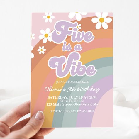 Groovy Five is a vibe Retro Rainbow 5th Birthday Invitation - Birthday Invitation Five Is A Vibe Birthday Invitation, 3 And 5 Birthday Theme, 5 Th Birthday Girl Theme, Five Is A Vibe Invitation, Girls Fifth Birthday Party Themes, Five Is A Vibe Food Ideas, 5 Is The Vibe Birthday, Fifth Birthday Themes Girl, 5th Birthday Ideas Girl