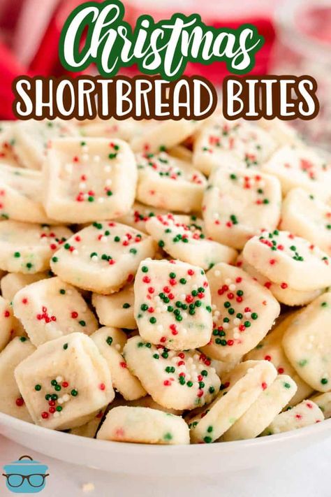 Mini Christmas Shortbread Cookies - The Country Cook Holiday Shortbread Bites, Christmas Shortbread Cookie Bites 4 Ingredients, Christmas Squares And Bars Cookie Exchange, Shortbread Pan Cookies, Bite Sized Christmas Treats, Treats For Neighbors Christmas, Shortbread Squares Christmas, Shortbread Cookie Bites Recipe, Sweet Shortbread Cookies