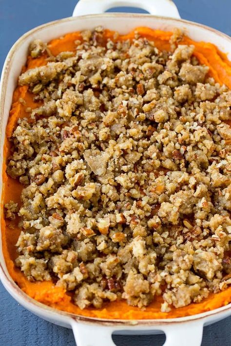 This recipe for sweet potato casserole with marshmallows is mashed spiced sweet potatoes, topped with both a pecan streusel topping and plenty of mini marshmallows. Sweet Potatoes Baked, The Best Sweet Potato Casserole, Pecan Streusel Topping, Sweet Potato Casserole Healthy, Mashed Butternut Squash, Butternut Squash Casserole, Best Sweet Potato Casserole, Best Sweet Potato, Frozen Butternut Squash