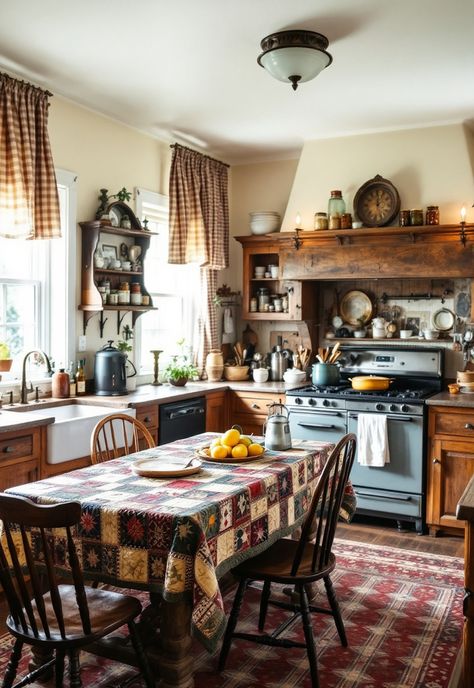 Rustic Kitchen Old Country Kitchen Southern Style, American House Kitchen, Homestead Kitchen Aesthetic, Small Cozy Kitchen Ideas, Homestead Life Aesthetic, Mixed Material Kitchen, American Colonial Kitchen, Homestead Kitchen Design, Christmas Family Aesthetic