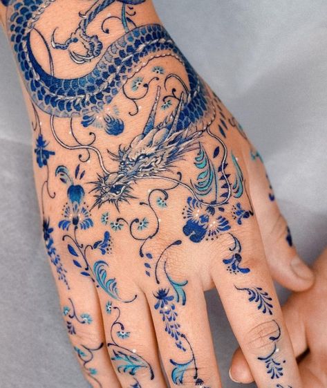 Porcelain Tattoo, Blue Dragon Tattoo, Flower Hip Tattoos, Blue Ink Tattoos, Red Dragon Tattoo, Dragon Sleeve Tattoos, Blue Tattoo, Tatuaje A Color, Hip Tattoo