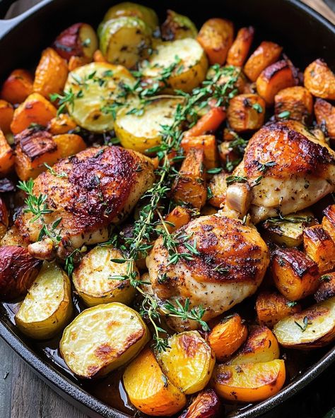 Autumn Chicken Dinner with Roasted Vegetables - Delicious Recipes - Easy Cooking Ideas and Tasty Dishes Baked Chicken And Sausage Recipes, Winter Time Dinner Ideas, Roasted Chicken And Butternut Squash, One Pan Autumn Chicken Dinner, Dutch Oven Chicken And Vegetables, Baked Chicken Potatoes And Carrots, Chicken Dutch Oven Recipes Healthy, Roasted Chicken And Carrots, Family Sheet Pan Dinners