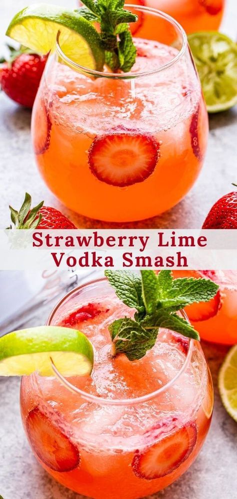 Vodka Smash, Vodka Recipes Drinks, Summer Drinks Alcohol, Cocktail Drinks Alcoholic, Vodka Cocktail, Strawberry Lime, Yummy Alcoholic Drinks, Vodka Recipes, Boozy Drinks