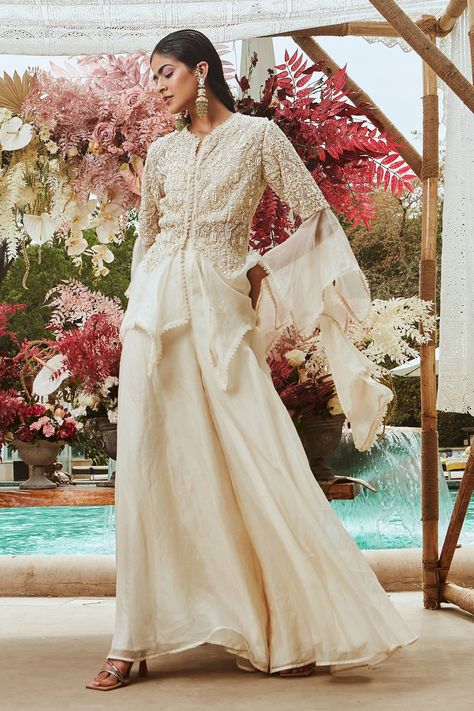 Jacket Sharara, Organza Sharara, Ridhima Bhasin, Organza Embroidery, White Kurta, Peplum Jacket, Beaded Neckline, Peplum Styles, Sharara Set