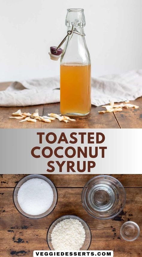 Homemade Toasted Coconut Syrup is simple to make and you only need shredded coconut, sugar and water. For drinks, desserts or pancakes! Coconut Tea Recipe, Coconut Syrup Recipe, Tea Syrup Recipe, Coconut Water Drinks, Homemade Coffee Syrup, Coconut Tea, Mango Pineapple Smoothie, Tea Drink Recipes, Drink Syrups