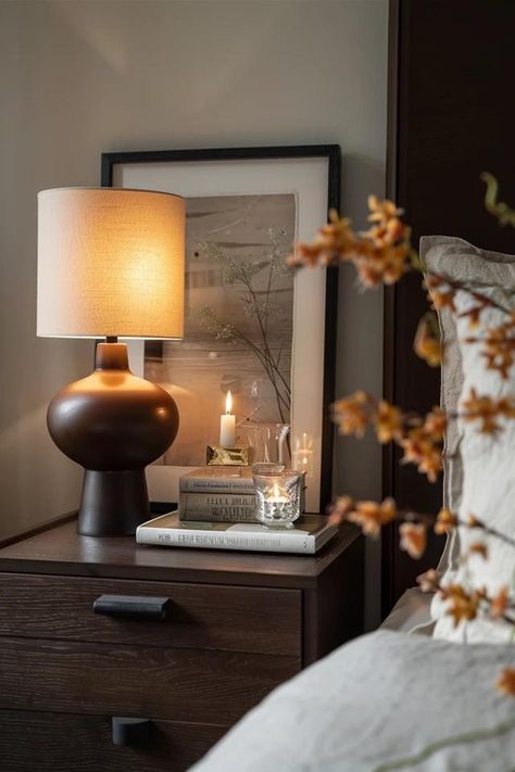 How To Style Your Nightstand: Functional And Chic Arrangement Bedroom Side Tables With Mirrors, Nightstand Styling In Front Of Window, Night Stand Lamps Master Bedrooms Luxe, Bedside Table And Dresser, Open Nightstand Styling, Cozy Nightstand Aesthetic, Mismatch Nightstands Bedroom, Small Night Stand Decor, Nightstand Decor Mirror