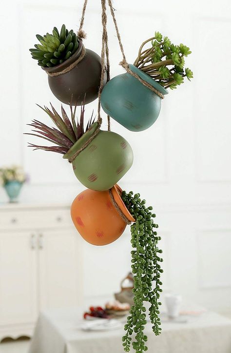 I just love this set of hanging succulent planters! What a cute display! Make sue all varieties can take the same sun exposure and include a trailing variety - so cool #succulentplanters #affiliatelink #succulentdiy Kaktus Dan Sukulen, Pot Flowers, Succulent Display, Plants Hanging, Plant Hanging, نباتات منزلية, Succulent Garden Diy, Hanging Succulents, Pot Plants