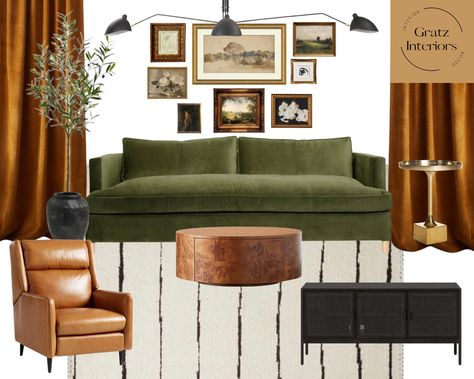 Green Couch Living Room Mid Century, Green Couch Brown Chair, Green Sofa Apartment Living Room, Green Mustard Black Living Room, Mid Century Modern Living Room Green Sofa, Forest Green And Orange Living Room, Mcm Living Room Green Couch, Jade Green Couch, Green Couch Office Ideas