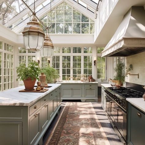 Sarah Robertson | I decided to do a deep dive into what a “conservatory kitchen” might look like, and here are a few fantasy kitchens ! Most of us don’t… | Instagram Solarium Off Kitchen, Kitchen With Sunroof, Kitchen With Sunroom Attached, Greenhouse Kitchen Ideas, English Conservatory, Conservatory Kitchen Extension, Solarium Kitchen, Cottage Conservatory, Conservatory Kitchen Ideas