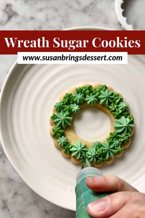 This no-chill sugar cookie recipe is perfect for making Christmas cookies. Pictures in this tutorial show you how to bake these wreath cookies and decorate them with homemade buttercream. Christmas Cookies Pictures, Wreath Sugar Cookies, Sugar Cookie Recipe No Chill, Buttercream Frosting Cookies, Christmas Sweets Recipes, Christmas Wreath Cookies, Easy Wreath, Wreath Cookies, Easy Christmas Cookie Recipes