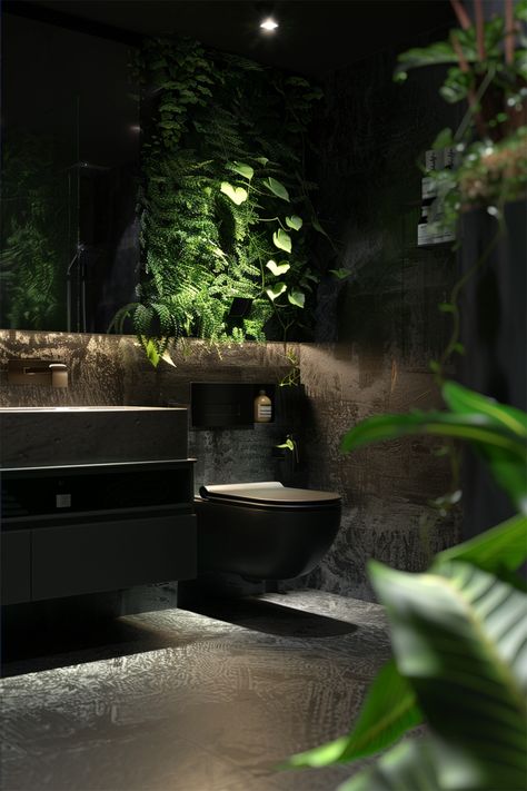 Urban Jungle • Dramatic bathroom draped in lush vertical gardens and textured dark walls • Modern matte black toilet contrasts against rustic stone surfaces • Floating vanity with dark stone countertop and minimalist fixtures • Recessed lighting spotlights the vibrant foliage and stone textures • Dark, wood-toned flooring brings an earthy foundation to the space • Strategically placed green plants add life and a breath of fresh air • A sanctuary where nature meets modern design Black And Green House Aesthetic, Jungle Toilet Design, Dark Biophilic Design, Dark Bathroom Plants, Dark Themed Bathroom, Dark Small Bathroom, No Window Bathroom, Small Dark Bathroom Ideas, Green Dark Aesthetic