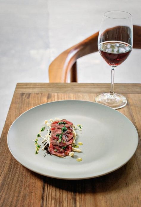 Venison carpaccio, pepper, chocolate and pickled enoki. Venison Carpaccio, Eccles Cake, White Corn, Quail Eggs, New Restaurant, Tasting Menu, Green Peas, Vogue Australia, Menu Ideas