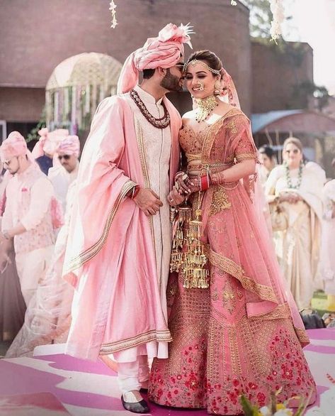 Bride And Groom Indian Wedding Outfit, Groom Indian Wedding Outfits, Wedding Matching Outfits, Wedding Outfits For Groom, Bride And Groom Outfits, Latest Bridal Lehenga, Couple Wedding Dress, Indian Wedding Outfit, Indian Bride Outfits