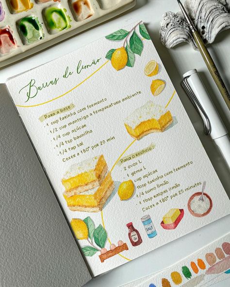 🍋 Lemon Bar Recipe /a commissioned work for my client/ @betsubara.cakes —— #watercolorpainting #watercolour #foodpainting… | Instagram Lemon Bar Recipe, Watercolor Menu, Homemade Recipe Books, Recipe Book Design, Diy Cookbook, Menu Illustration, Recipe Book Diy, Digital Recipe Book, Lemon Bar