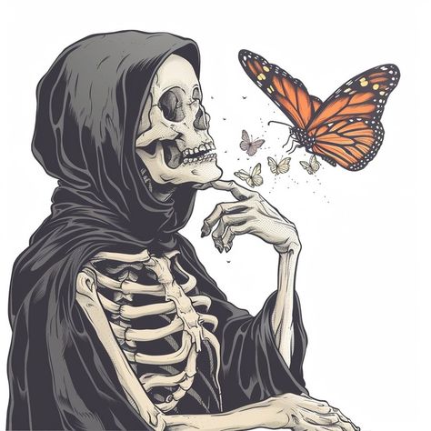 Even the reaper pauses to admire the fleeting beauty of life. 🦋💀 #NatureMeetsNecro #Butterflies #SkullArt #LifeAndDeath #ArtisticSoul #BeautyInDecay #MementoMori #ButterflyEffect #IllustrationDaily #DarkBeauty #Skeleton #ContemplateLife #MacabreArt #GothicAesthetic #NatureIllustration #ArtOfTheDay #EmbraceChange #DeathlyBeautiful #InkedArt #ArtLovers #ThoughtProvoking #Vanitas #EphemeralBeauty #DrawingOfTheDay #LifeCycles #ArtisticMusing #DarkWhimsy #SkullAndButterflies #GrimReaperGentleness Skeleton Art Dark, Grim Reaper Aesthetic, Skeleton Reaper, Skeleton Artwork, Skeleton Drawings, The Reaper, Beauty Of Life, Macabre Art, Heart Illustration