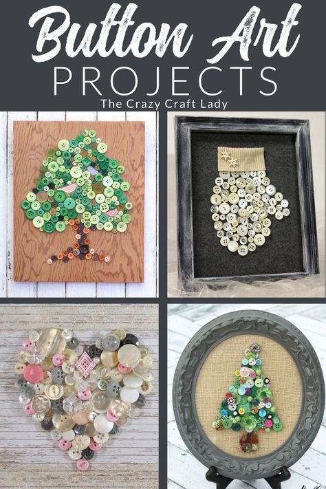 Button Art Projects Button Art Ideas, Christmas Button Crafts, Button Art On Canvas, Vintage Buttons Crafts, Button Art Projects, Button Canvas, Buttons Crafts Diy, Old Jewelry Crafts, Button Ornaments