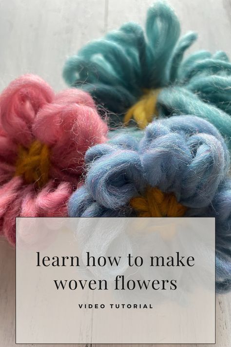 Learn how to make these adorable woven macrame flowers. This video tutorial will walk you through, step by step, how to create flowers that will be great accents to your weaving projects, wall hangings, wreaths, the possibilities are endless! Video tutorial is completely free, there is an optional class kit available where you will get the same supplies used in the DIY class. Weaving Flowers Tutorial, Flower Loom Tutorial, Yarn Flowers Diy How To Make, Crochet Wall Art Ideas, Weaving Wall Hanging Diy, Wool Flowers How To Make, Macrame Flowers Tutorial, Woven Wall Hanging Tutorial, Weaving Kids