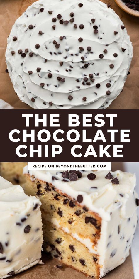 Desserts With Buttercream Frosting, White Cake With Chocolate Chips, Chocolate Chip Muffin Cake, Easy Chocolate Chip Cake Recipe, Baking Recipes With Chocolate Chips, Chocolate Chocolate Chip Cake Recipe, Chocolate Chip Buttercream Frosting, Recipes With Semi Sweet Chocolate Chips, Best Chocolate Chip Cake Recipe