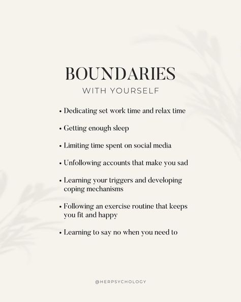 Her Psychology on Instagram: “Boundaries with yourself are the most important. Here are a few of mine that have had the biggest impact on my mental health and well being…” Boundaries With Yourself, Boundaries Quotes, Negative Feelings, Practicing Self Love, My Mental Health, Mental Health Therapy, Mindfulness Techniques, Emotional Awareness, Learning To Say No