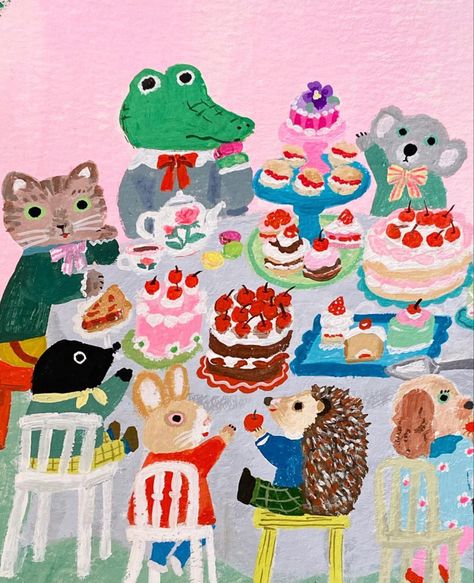 Fun Animal Doodles, Animal Party Illustration, Cool Art Inspiration, Tchotchkes Ideas, Helping Illustration, Eclectic Illustration, Tea Party Artwork, Cute Widget Pictures, Colorful Illustration Art