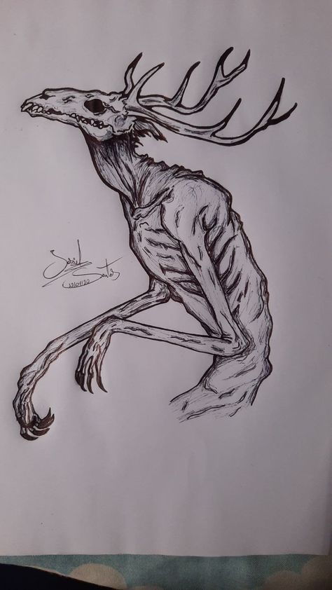 Mystic Creatures Drawings, Creepy Monster Drawing, Gothic Drawings Easy, Creepy Poses Drawing Reference, Deer Sketches, Creepy Sketches, Deer Sketch, Skull Reference, Scary Drawings