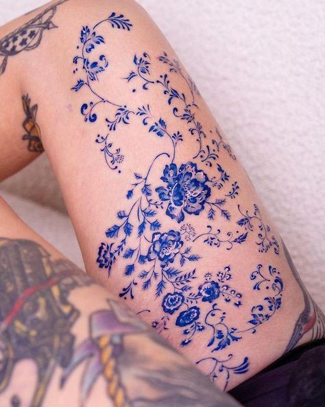 Oozy | Flowers in the thigh ❄️ . Done at @greystudiola . #oozy #oozytattoo #tattoo #kwadron | Instagram 1 By 1 Tattoo Ideas, Blue Leg Tattoo, Water Leg Tattoo, Porcelain Tattoo Blue, China Pattern Tattoo, All Blue Tattoo, Blue Porcelain Tattoo, Blue Floral Tattoo, Blue Tattoos For Women