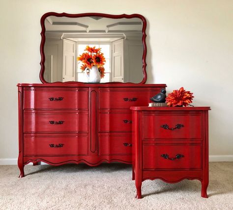 Ruby Love French Provincial Bedroom Furniture, Provincial Dresser Makeover, New Bedroom Furniture, French Provincial Dresser Makeover, Red Painted Furniture, Country Bedroom Furniture, Provincial Decor, French Provincial Decor, French Country Interiors