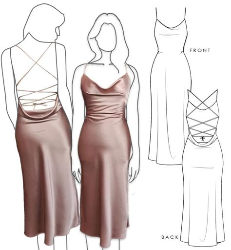 Dress Patterns Short Formal, East Dress Patterns, Pattern Dress Silk, Sewing Pattern Evening Dress, Sew Prom Dress Diy, Maxi Slip Dress Pattern, Sewing Patterns Prom Dress, Simple Satin Dress Pattern, Sewing Patterns Backless Dress