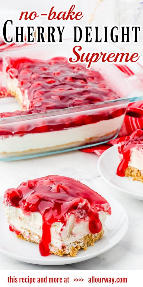 Cherry Delight Dessert is a no-bake dessert made with a Graham cracker crust, cream cheese filling, and cherry pie topping. Sweet, creamy, and tangy! This easy refrigerator dessert is always a year-round favorite. Cherry Delight Dessert, Pie Topping, Cherry Recipes Dessert, Delight Dessert, Summer Desserts Easy Healthy, No Bake Cherry Cheesecake, Cherry Delight, Cream Cheese Desserts, Fluff Desserts