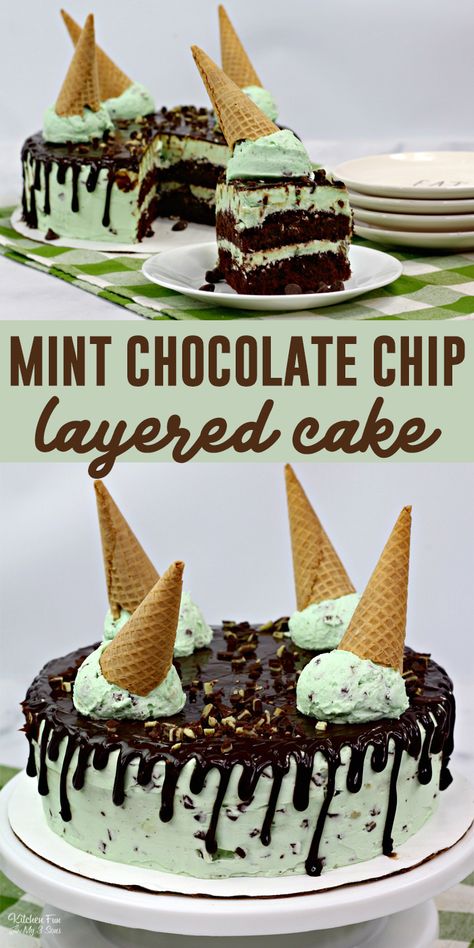 Mint Chocolate Chip Cake is a simple boxed chocolate cake mix with layers of a delicious homemade mint chocolate chip frosting. Top it off with ganache, frosting as ice cream and a waffle cone. Perfect for St Patricks Day. Cake Recipes #food #yummy #cake #recipe #mint #andesmint #dessert Mint Chocolate Chip Ice Cream Cake, Mint Chocolate Chip Cake, Ganache Recipes, Simple Chocolate Cake, Chocolate Chip Frosting, Simple Layers, Cake With Layers, Chocolate Mint Brownies, Mint Chocolate Cake