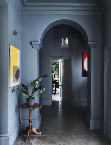 Time to rethink coloured ceilings and woodwork | House & Garden Blakes London, Art Deco Fireplace, Inchyra Blue, Dark Hallway, Edwardian House, Colored Ceiling, London House, Up House, Spare Room