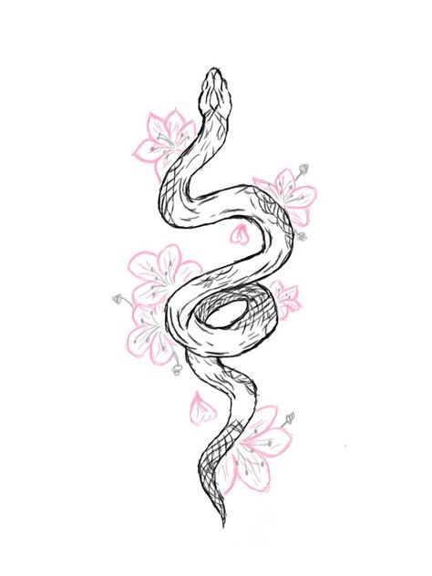 Snake Cute Tattoo, Tattoo Design Drawings Snake, Snake With Lotus Tattoo, Snake With Cherry Blossom Tattoo, Thigh Drawings Tattoo, Small Tattoo Ideas Drawings, Snake Back Tattoo Women Spine, Hidden Medusa Tattoo, Small Snake Drawing