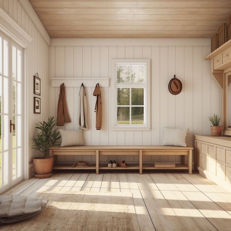 Simple Farmhouse Mudroom, Farmhouse Mud Room, Mudd Room, Brick Room, Mudroom Decor, Mudroom Laundry Room, Mud Rooms, Vintage Hooks, Vintage Bench