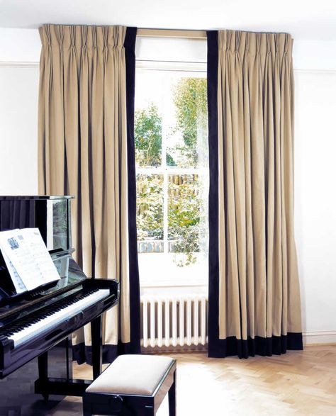 Jute curtains with triple pleat heading and leading edge and bottom borders in Como Chocolate hung on a lath & fascia Drapery Trim, Drapery Designs, Curtain Styles, Plain Curtains, Interior Windows, Custom Drapes, Curtains Living, Beautiful Curtains, Pleated Curtains