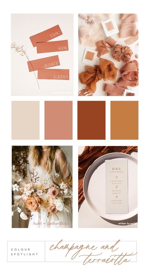 Champagne And Terracotta Wedding, Terracotta Wedding Colors, Champagne Wedding Themes, Wedding Theme Color Schemes, Champagne Wedding Colors, Rusting Wedding, Wedding Color Pallet, Autumnal Wedding, February Wedding