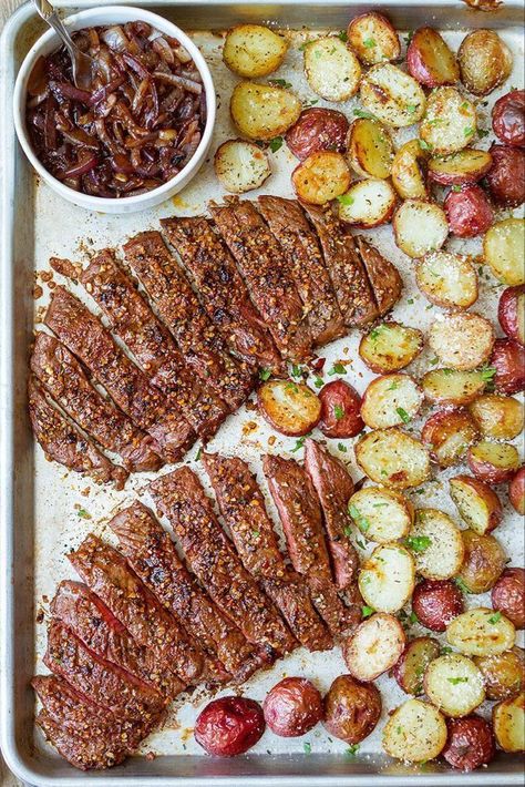 Sheet Pan Steak and Potatoes Sheet Pan Steak and Potatoes — An easy and delicious dinner ready in less than an hour. Perfectly seasoned, melt-in-your-mouth tender steak and potatoes are cooked in the oven on one sheet pan. Car… - Sheet Pan Steak and Potatoes — #eatwell101 #recipe #steak #dinner - Perfectly seasoned, melt-in-your-mouth tender steak and crisp cheesy potatoes — An easy dinner ready in less than an hour! - #recipe by #eatwell101 Sheet Pan Steak And Potatoes, Sheet Pan Steak, Steak And Potatoes, Seafood Meals, Pan Steak, Sheet Pan Suppers, Tender Steak, Sheet Pan Dinners Recipes, Sustainable Seafood