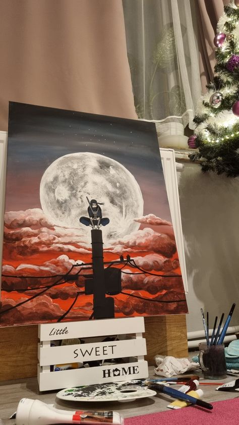 This painting took me several evenings to finish it. I love the process of creation which you can also see on my TT mel_pe_ 💫 Itachi Uchiha Acrylic Painting, Naruto Painting Ideas On Canvas, Itachi Painting, Anime Painting Ideas, Late Night Painting, Idea Of Painting, Angel Halloween, Anime Canvas Painting, Naruto Painting